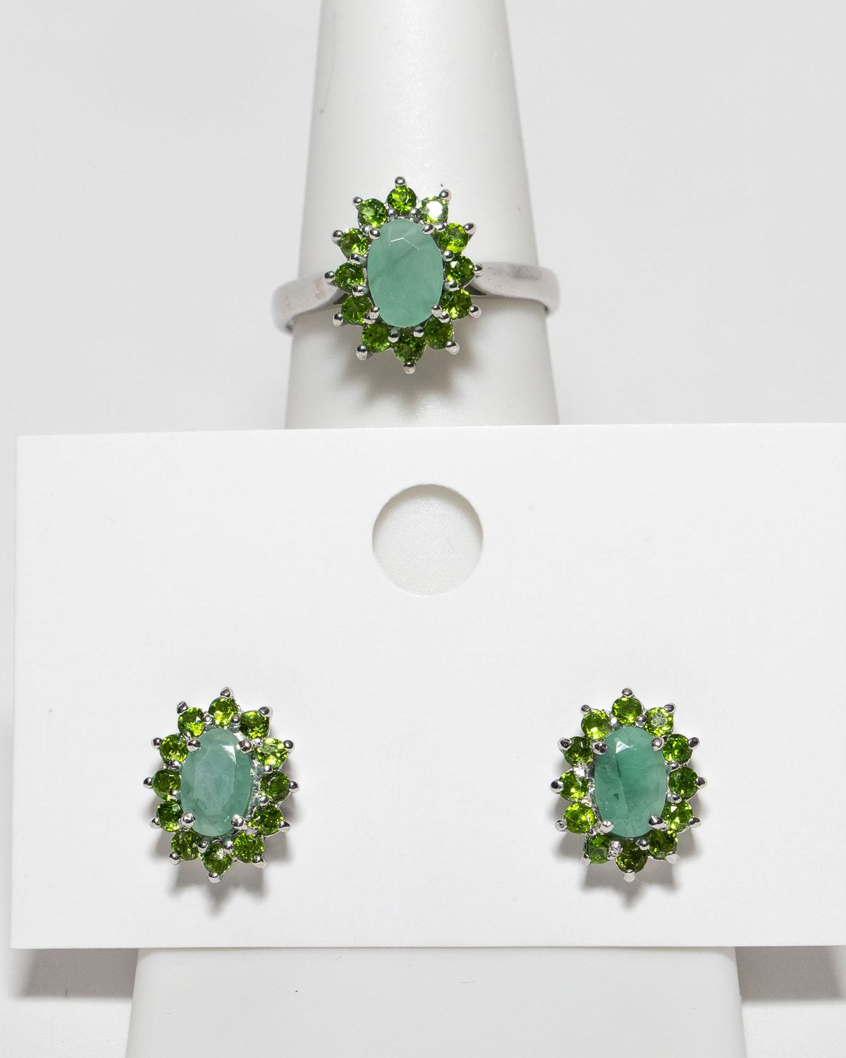 Emerald cluster ring and earring set