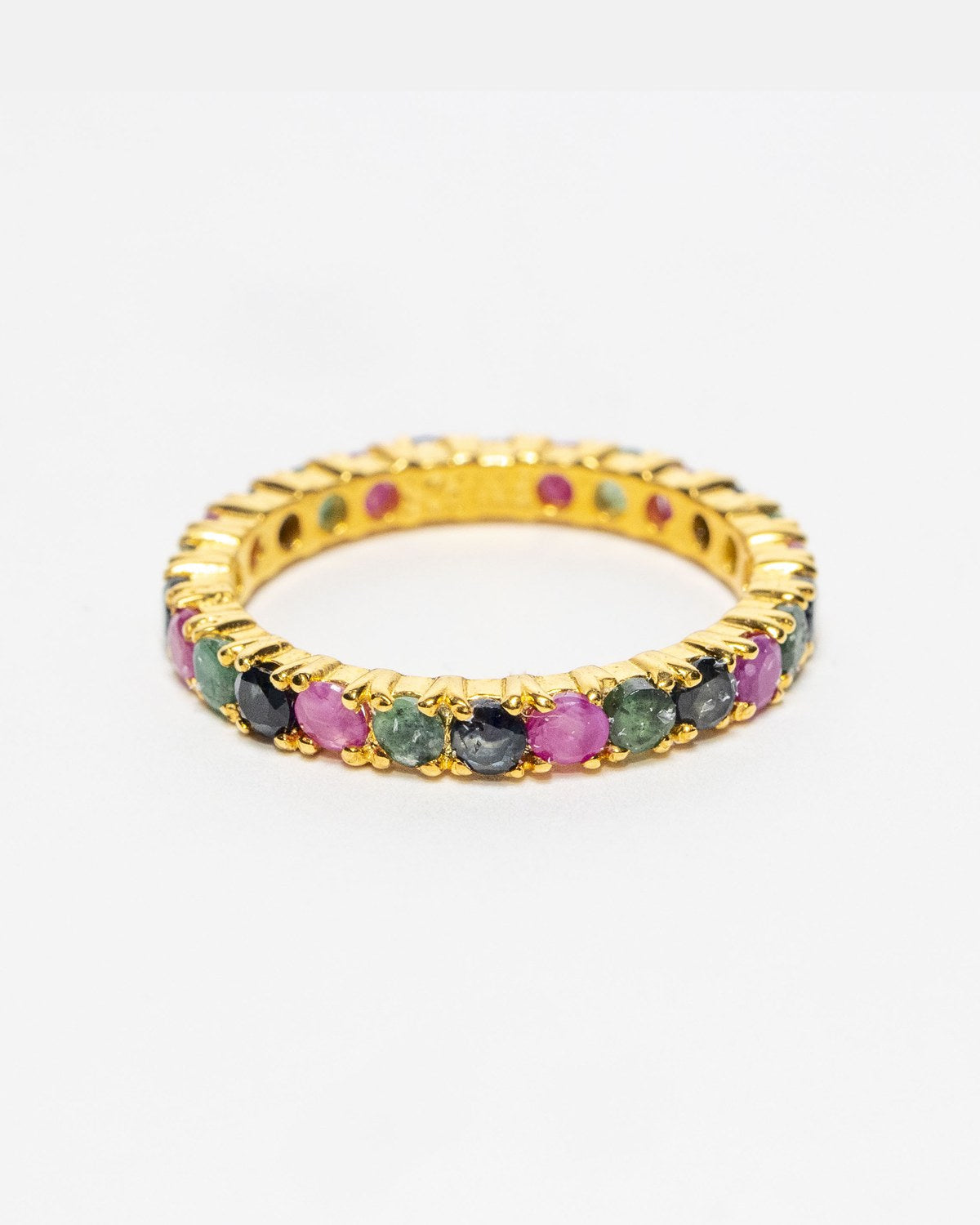 Ruby, emerald and sapphire eternity band in 18k gold over sterling