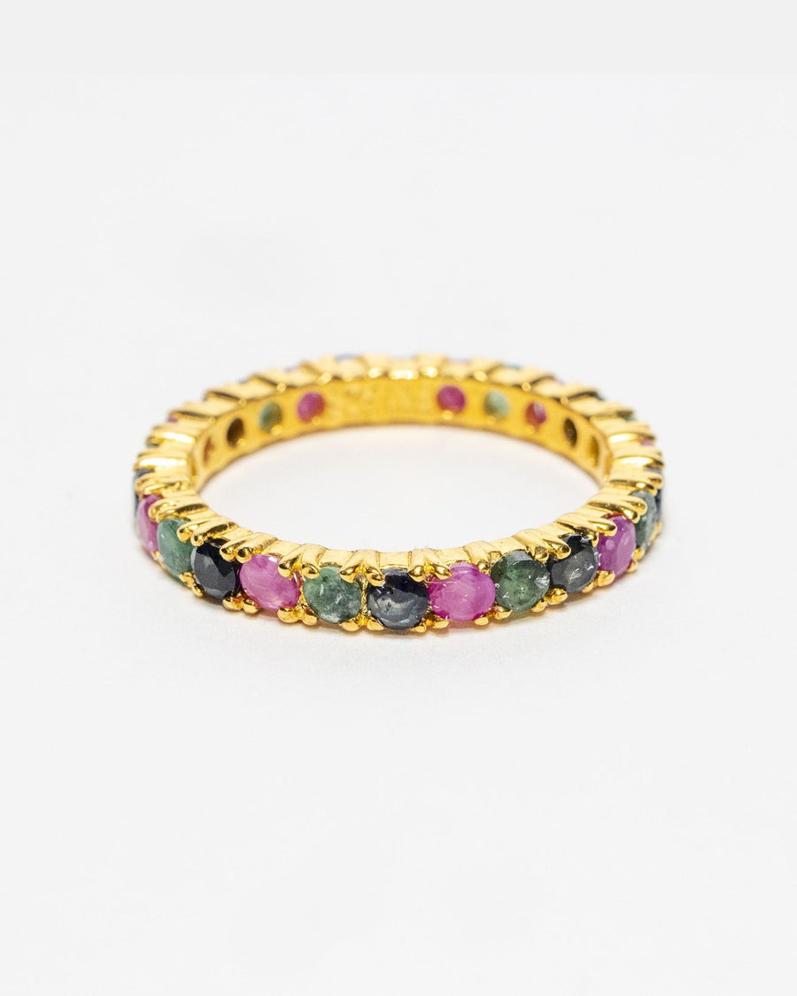 Ruby, emerald and sapphire eternity band in 18k gold over sterling