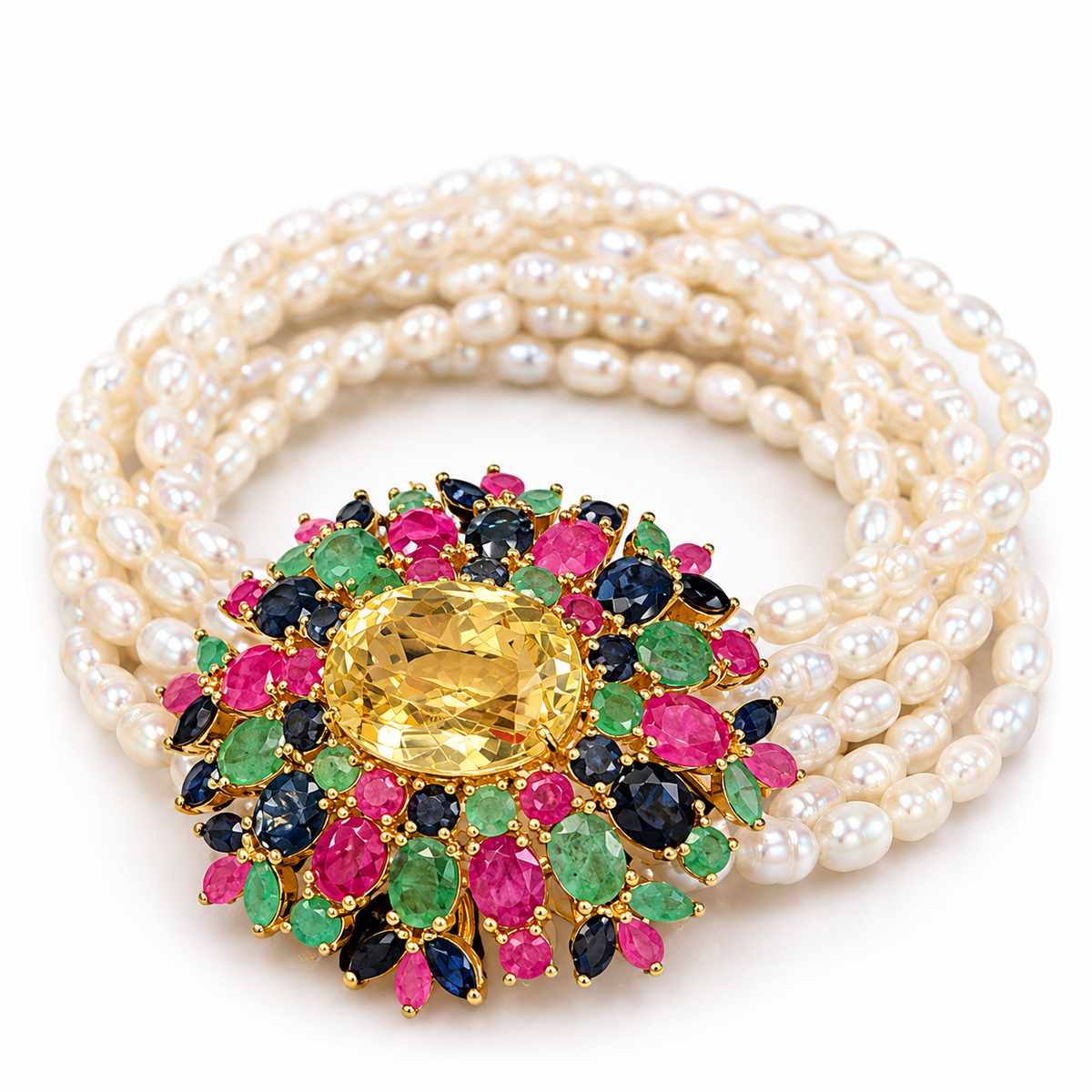 Citrine, ruby, sapphire, and emerald brooch and pendant in gold over sterling silver