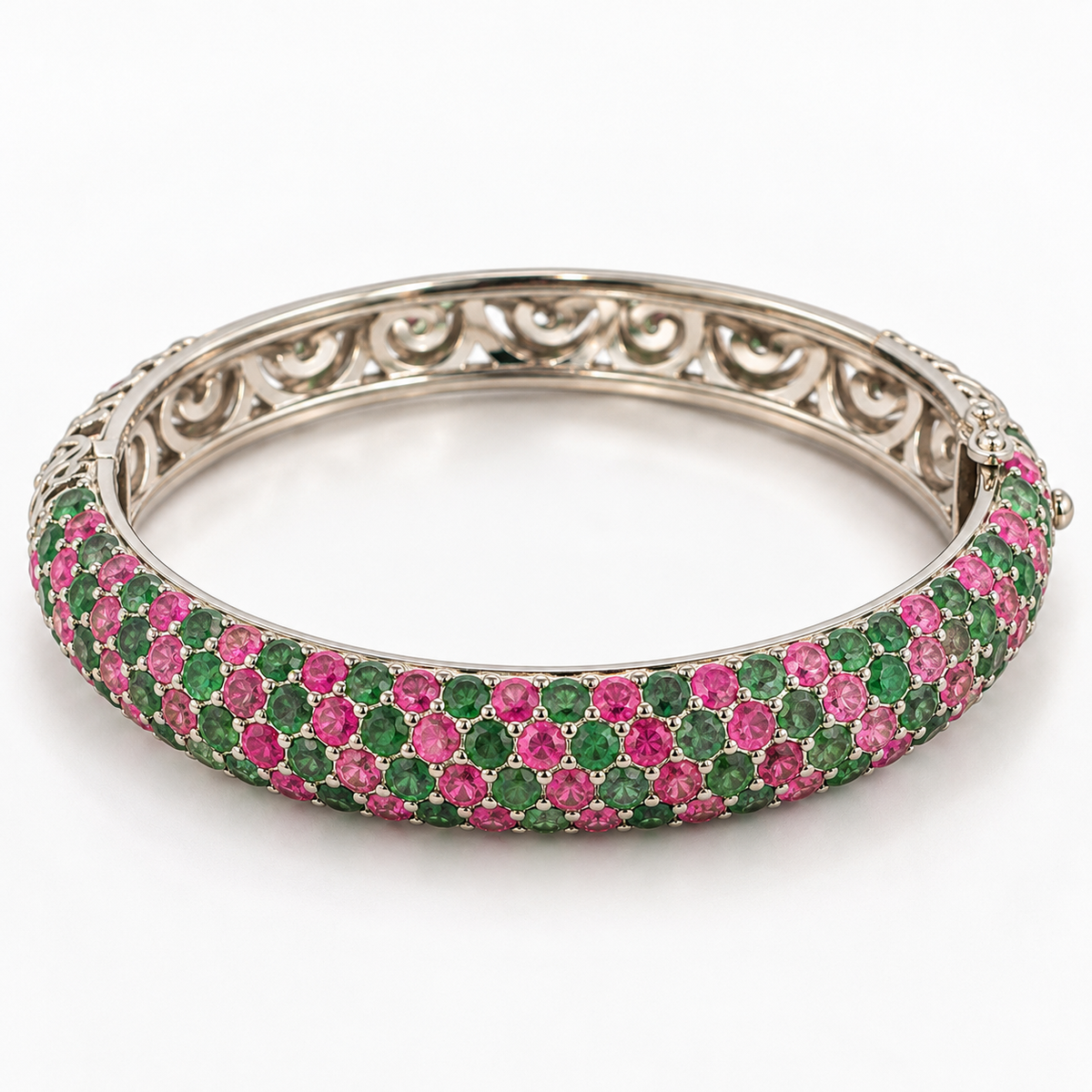 Ruby and emerald bangle in sterling silver