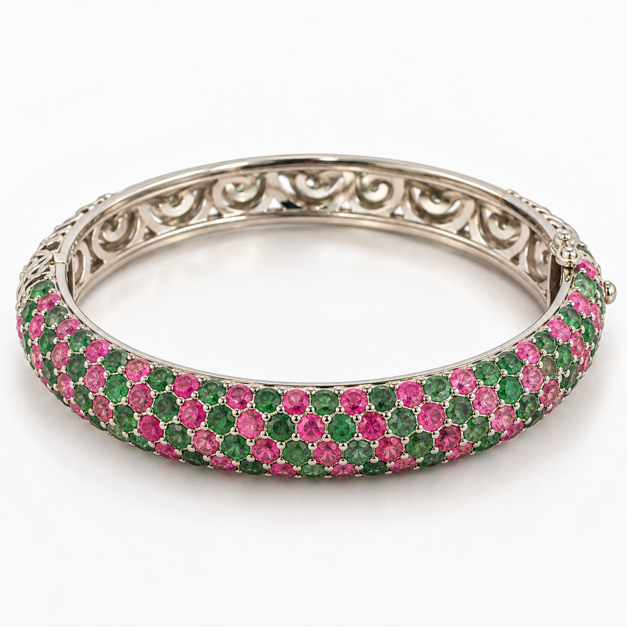 Ruby and emerald bangle in sterling silver